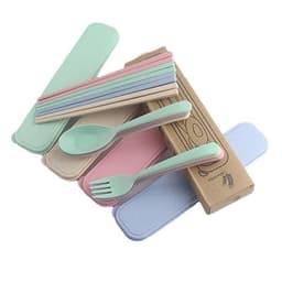 A portable utensil set featuring a green spoon, pink fork, and multiple pastel-coloured reusable straws in a compact packaging.
