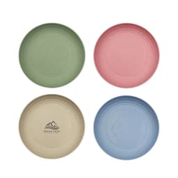 A set of four unbreakable plates in green, pink, blue, and beige, featuring a logo on one plate.