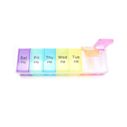 A multi-coloured pill case with 14 compartments labelled for each day and two time slots per day. It has a branding logo.