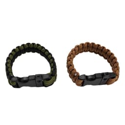 Two paracord survival bracelets in black and olive green, and brown, each with a black clasp. They have a simple, woven design.