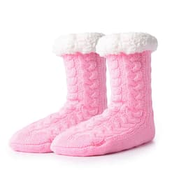 Pink mid tube fleece non-slip floor socks with a soft, fluffy white cuff, featuring a textured cable knit design.
