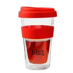 A clear double wall mug with a red silicone lid and sleeve, featuring a logo. Holds 12 oz of beverage.