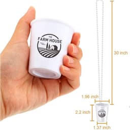 A white shot glass necklace featuring a logo, measuring 1.96 inches tall with a 30-inch beaded chain.