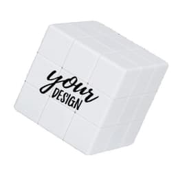 A white customizable Rubik's Cube featuring a logo, designed for promotional use and novelty entertainment.