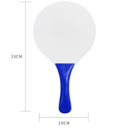 A blue and white beach racket with a rounded face and a straight handle, featuring a logo on the handle.