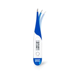 A digital oral thermometer in white and blue with three probe options and a digital display. It features a logo.