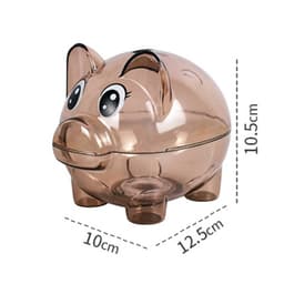 A clear plastic piggy bank in a brownish tint, featuring cartoonish eyes and a removable top. Measures 10cm high and 12.5cm wide.