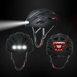 A black cycling helmet featuring front and rear lights, with a sleek design and adjustable straps.