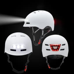 A white bike helmet featuring a front warning light and rear LEDs, with various angles displayed. Includes a logo.