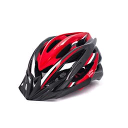 A red and black bicycle helmet with a detachable visor and tail light, featuring ventilation holes and a logo.