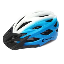 A blue and white unisex bike helmet with a detachable black visor and a logo.
