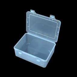 A clear rectangular flip top storage box with an open lid, made of transparent plastic.