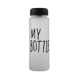 A drink bottle with a frosted finish, featuring a black cap and a logo. It is transparent and cylindrical in shape.