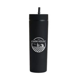 A drink bottle in matte black with a straw and a circular logo featuring farm-themed graphics.