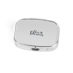 A portable metal pill box with a mirrored surface, featuring a silver finish and a branded logo.