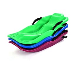A set of four plastic snow sliders in green, blue, and purple, stacked with black handles.