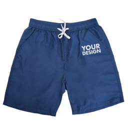 Men's quick dry beach shorts in navy blue with an elastic waistband and a logo on the front.