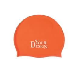 An orange waterproof silicone swimming cap with a logo on the front.