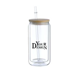 A drink bottle featuring a clear glass body, bamboo lid, and a straw. It includes a branding area.