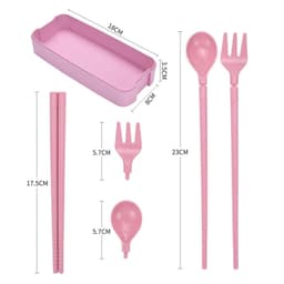A pink, 3-layer wheat straw stackable bento box with utensils including chopsticks, a fork, and a spoon.