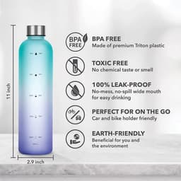 A drink bottle in gradient blue and turquoise, 32 oz capacity, featuring a wide mouth and a logo. BPA free and leak-proof.