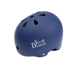 A blue adjustable helmet with ventilation holes and a logo. Suitable for biking and skateboarding activities.
