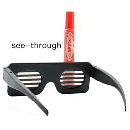 A pair of black dynamic LED glasses with see-through slats, positioned next to a red marker.