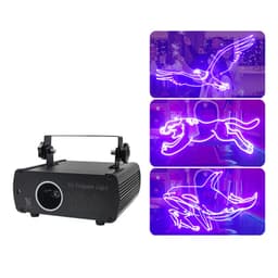 A black DJ laser party light projector with three holographic designs displayed in purple.