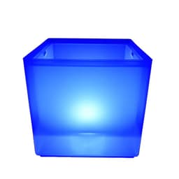 A blue LED ice bucket featuring a sleek, square design. It has a smooth surface and a subtle glow.