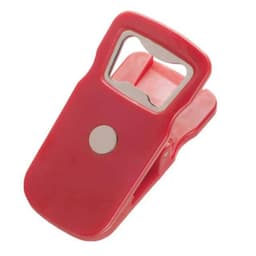 A drink bottle opener clip in red with a magnetic back, featuring a simple clip design and a round button.