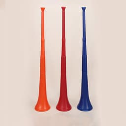 Three collapsible stadium horns in orange, red, and blue, featuring a logo on each horn.