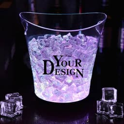 A transparent LED lighted ice bucket filled with ice cubes, featuring a logo or branding design.