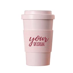 A biodegradable plastic travel coffee cup in pink, featuring a textured band and space for custom design.