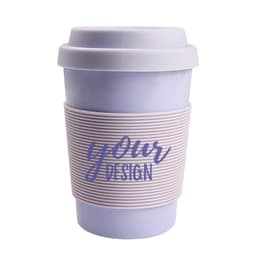 A 12 oz. eco-friendly coffee mug in lavender, featuring a silicone lid and a textured sleeve, with a logo.