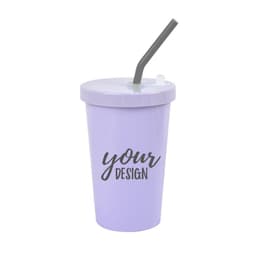A reusable 15 oz. lavender PLA coffee cup with a silicone straw, featuring a logo.
