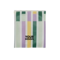 A drink bottle cooler wrap featuring a striped design in purple, green, and yellow, with a logo on the front.