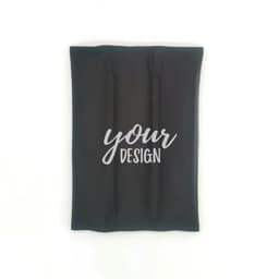 A drink bottle cooler wrap in black with a design area. The product has a logo but the details are not visible.