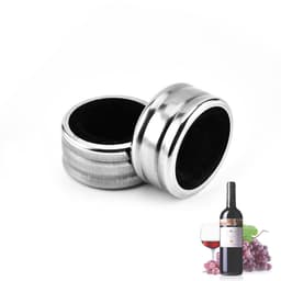 Two stainless steel wine drip rings with a black inner lining, set against a background featuring a wine bottle and glass.