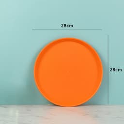 An orange plastic serving tray, 28cm in diameter, with a textured surface, set against a light blue background.