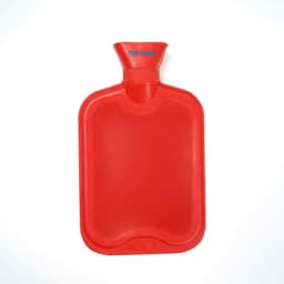 A red rubber hot water bag with a textured surface and a spout at the top, featuring a logo.