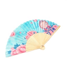 A bamboo folding fan featuring a blue background with pink floral designs and a character illustration.