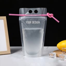 A drink pouch featuring a transparent design, filled with water, and a pink straw attached. Includes a logo.