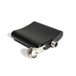 A black stainless steel hip flask with a screw lid, featuring a sleek curved design.