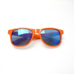 Orange sunglasses with blue mirrored lenses, featuring a modern retro design and a logo on the side.