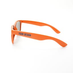 Retro sunglasses in vibrant orange with a logo on the side. Ideal for leisure and outdoor activities.
