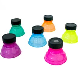 A set of six reusable clear soda can covers in various bright colours: green, orange, yellow, blue, purple, and pink. Each has a black lid.
