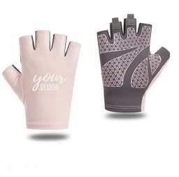 Ice silk half finger riding gloves in pink and grey, featuring a patterned design and a logo.