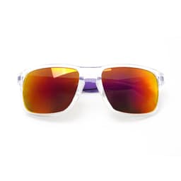 Crystalline mirrored sunglasses with a clear frame and orange-tinted lenses, featuring a logo on the arm.