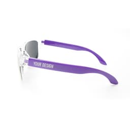 A pair of crystalline mirrored sunglasses with purple arms and a space for custom design.