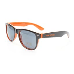 Neon sunglasses featuring black frames with orange accents and tinted lenses. Includes a logo on the side.
